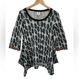 Ivy Jane Asymmetric Knit Feather Print PomPom Tunic Top Size XS